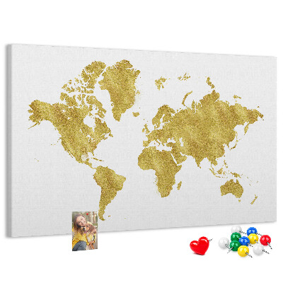 Korková nástěnka Zlatá mapa světa na bílém pozadí