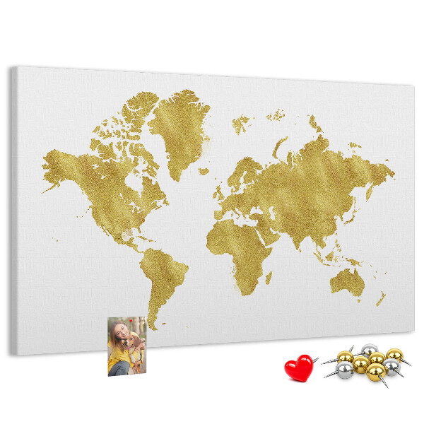 Korková nástěnka Zlatá mapa světa na bílém pozadí
