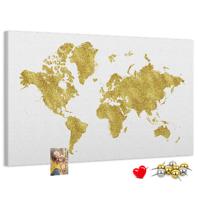 Korková nástěnka Zlatá mapa světa na bílém pozadí
