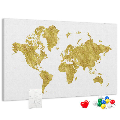 Korková nástěnka Zlatá mapa světa na bílém pozadí