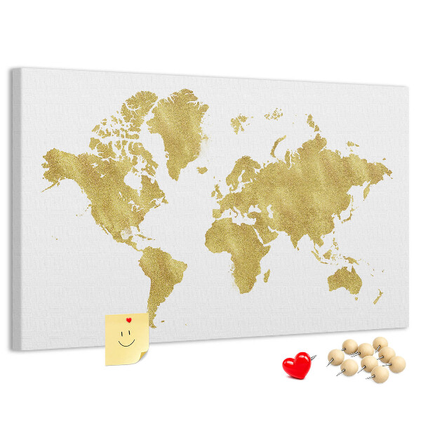 Korková nástěnka Zlatá mapa světa na bílém pozadí