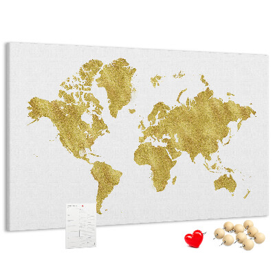Korková nástěnka Zlatá mapa světa na bílém pozadí