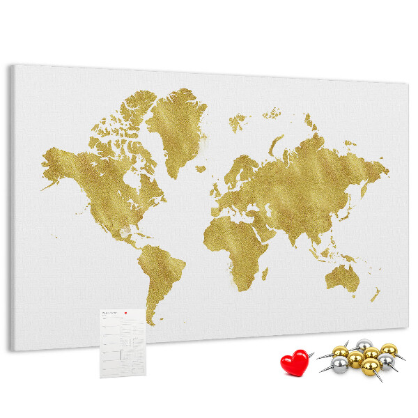 Korková nástěnka Zlatá mapa světa na bílém pozadí