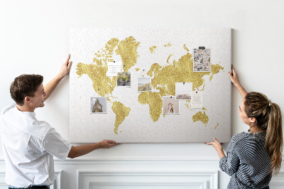 Korková nástěnka Zlatá mapa světa na bílém pozadí