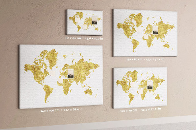 Korková nástěnka Zlatá mapa světa na bílém pozadí