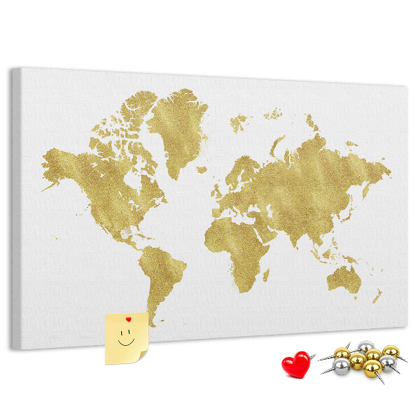 Korková nástěnka Zlatá mapa světa na bílém pozadí