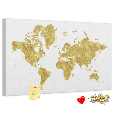 Korková nástěnka Zlatá mapa světa na bílém pozadí