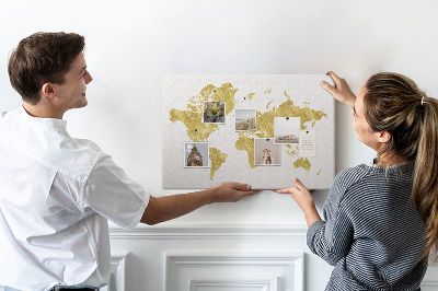 Korková nástěnka Zlatá mapa světa na bílém pozadí