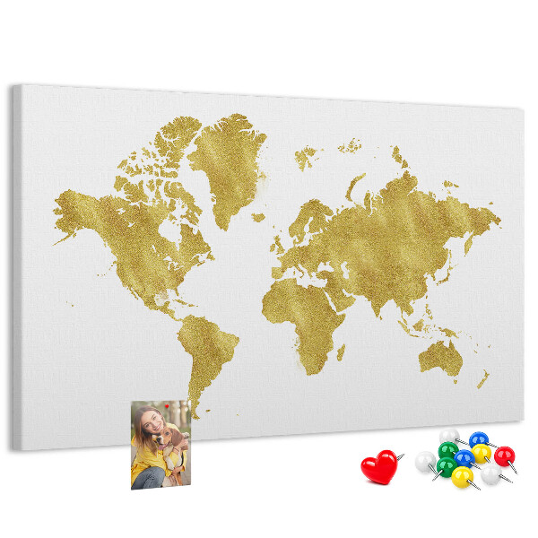 Korková nástěnka Zlatá mapa světa na bílém pozadí