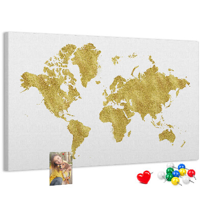 Korková nástěnka Zlatá mapa světa na bílém pozadí