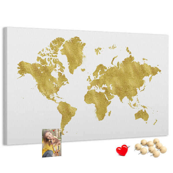 Korková nástěnka Zlatá mapa světa na bílém pozadí