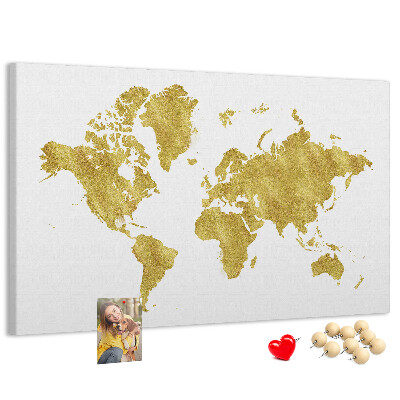 Korková nástěnka Zlatá mapa světa na bílém pozadí