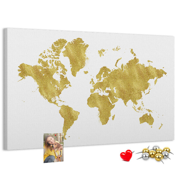 Korková nástěnka Zlatá mapa světa na bílém pozadí