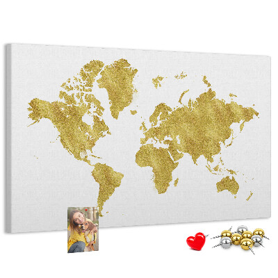 Korková nástěnka Zlatá mapa světa na bílém pozadí