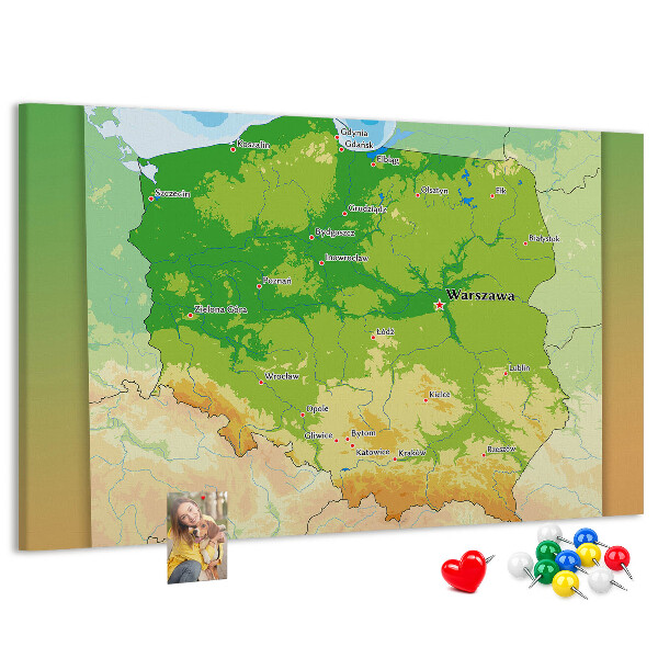 Nástěnka Mapa Polska s vyznačenou Varšavou
