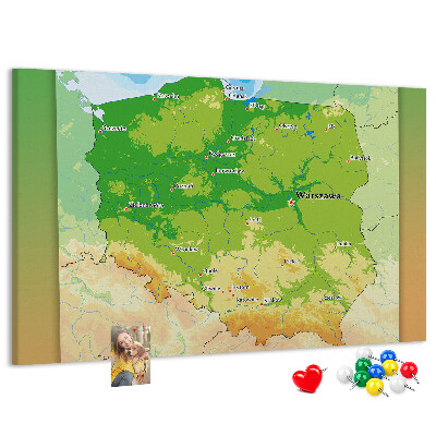 Nástěnka Mapa Polska s vyznačenou Varšavou