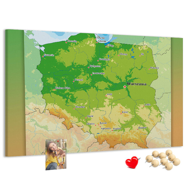 Nástěnka Mapa Polska s vyznačenou Varšavou