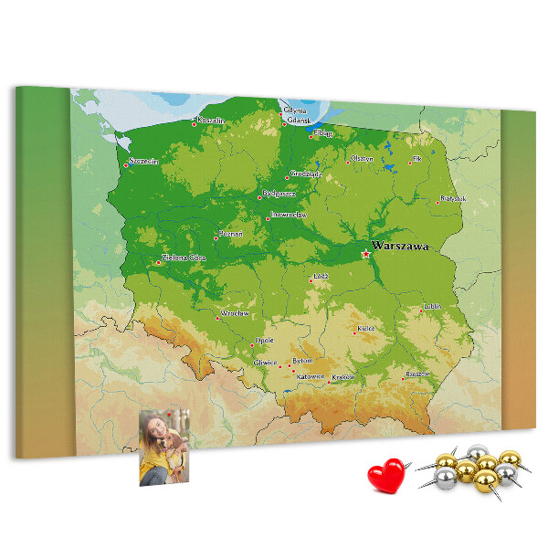 Nástěnka Mapa Polska s vyznačenou Varšavou