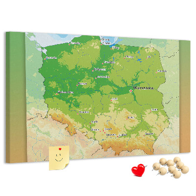 Nástěnka Mapa Polska s vyznačenou Varšavou