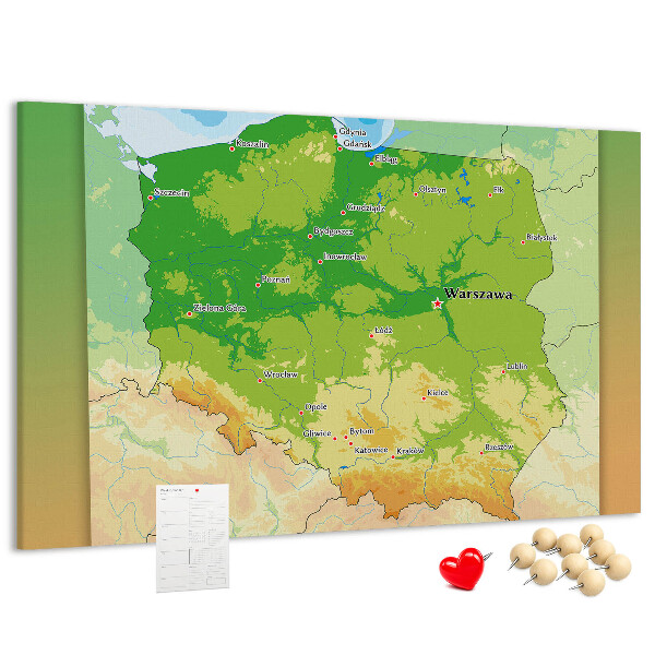 Nástěnka Mapa Polska s vyznačenou Varšavou