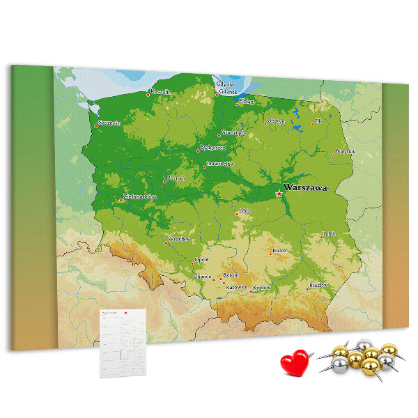Nástěnka Mapa Polska s vyznačenou Varšavou