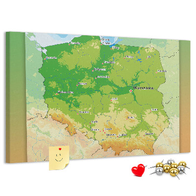 Nástěnka Mapa Polska s vyznačenou Varšavou