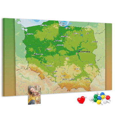 Nástěnka Mapa Polska s vyznačenou Varšavou