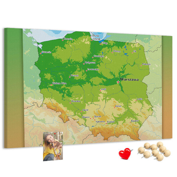 Nástěnka Mapa Polska s vyznačenou Varšavou