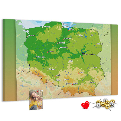 Nástěnka Mapa Polska s vyznačenou Varšavou