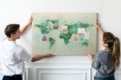 Korková nástěnka Zelená akvarelová mapa světa