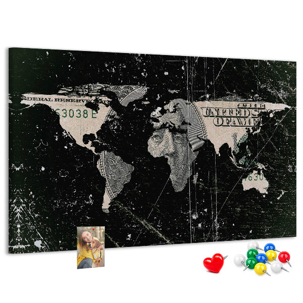Nástěnka Mapa světa na pozadí dolarové bankovky