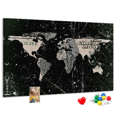 Nástěnka Mapa světa na pozadí dolarové bankovky