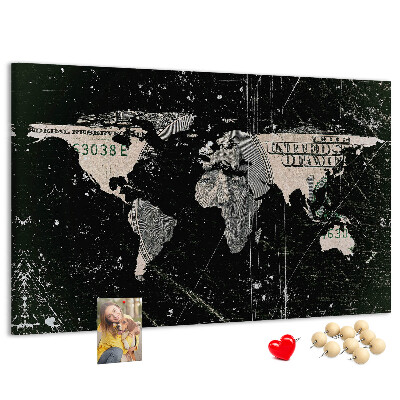 Nástěnka Mapa světa na pozadí dolarové bankovky