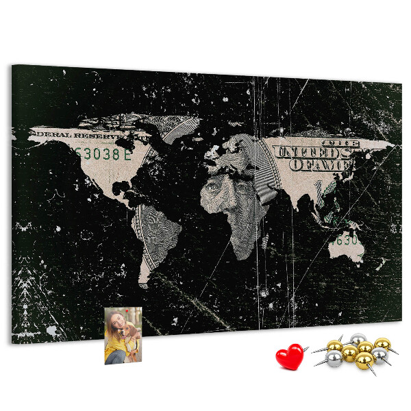 Nástěnka Mapa světa na pozadí dolarové bankovky