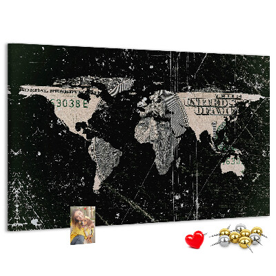 Nástěnka Mapa světa na pozadí dolarové bankovky