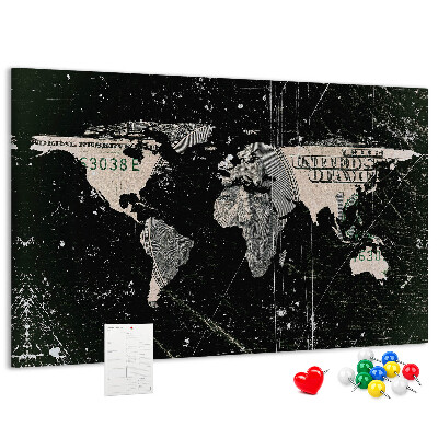 Nástěnka Mapa světa na pozadí dolarové bankovky