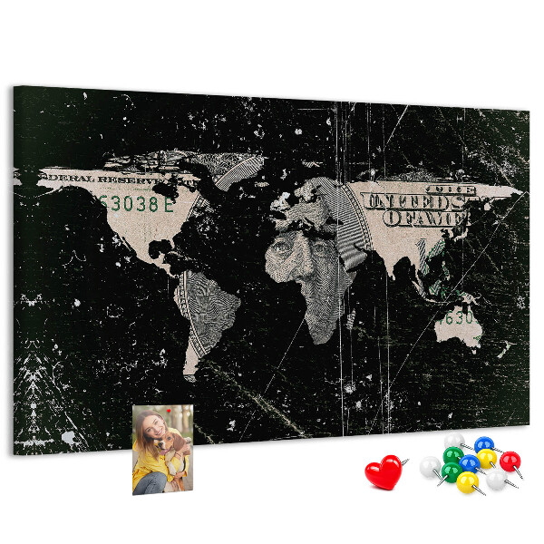 Nástěnka Mapa světa na pozadí dolarové bankovky