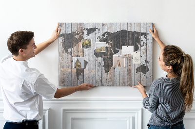 Nástěnka Mapa světa na pozadí dřevěných desek