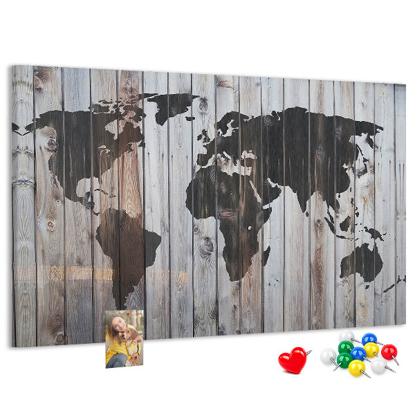 Nástěnka Mapa světa na pozadí dřevěných desek