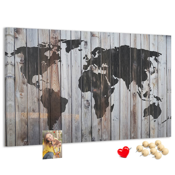 Nástěnka Mapa světa na pozadí dřevěných desek