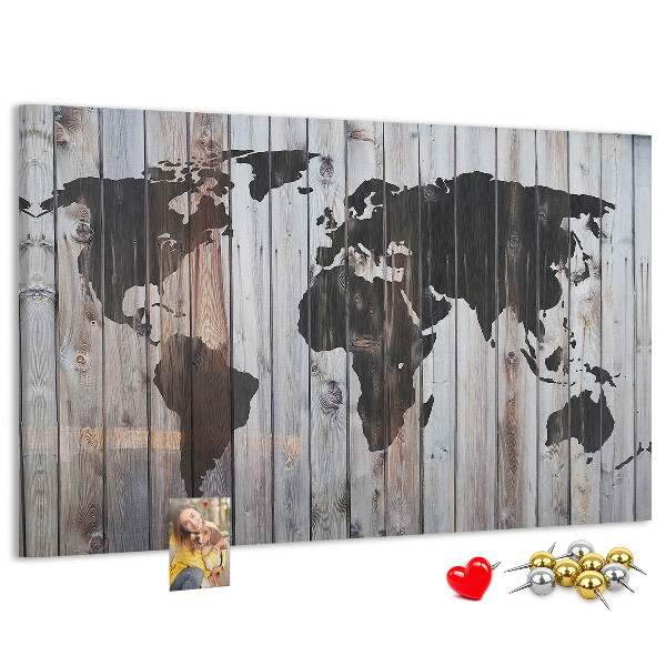 Nástěnka Mapa světa na pozadí dřevěných desek