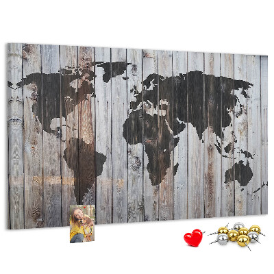 Nástěnka Mapa světa na pozadí dřevěných desek