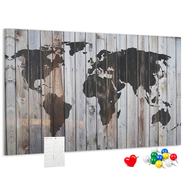 Nástěnka Mapa světa na pozadí dřevěných desek