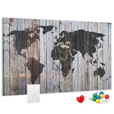 Nástěnka Mapa světa na pozadí dřevěných desek