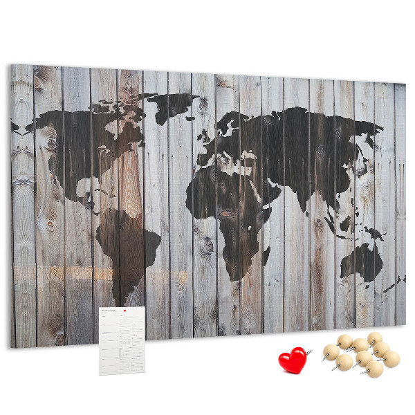 Nástěnka Mapa světa na pozadí dřevěných desek