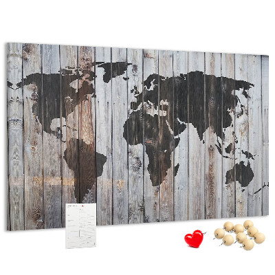 Nástěnka Mapa světa na pozadí dřevěných desek
