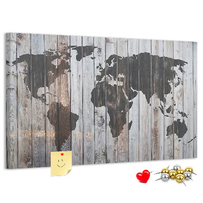 Nástěnka Mapa světa na pozadí dřevěných desek