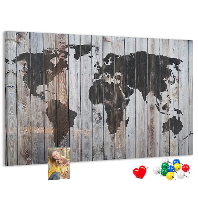 Nástěnka Mapa světa na pozadí dřevěných desek