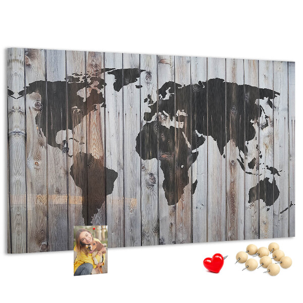 Nástěnka Mapa světa na pozadí dřevěných desek