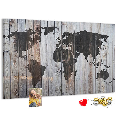 Nástěnka Mapa světa na pozadí dřevěných desek